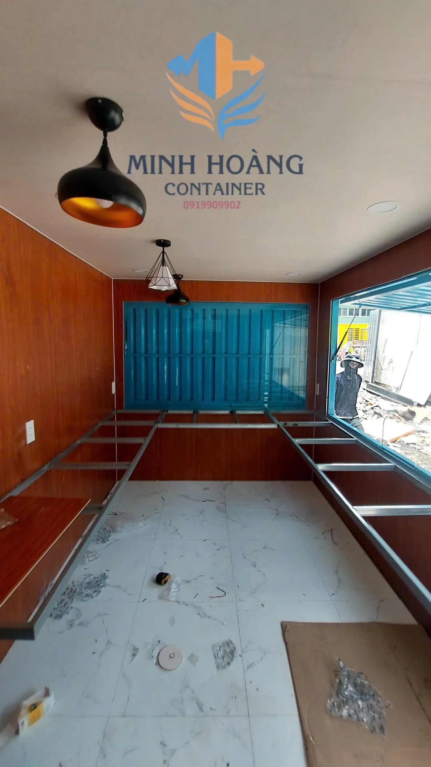 Container Cafe 20 Feet Xanh Dương Chia 2 Phòng + Ốp Gỗ Hiện Đại